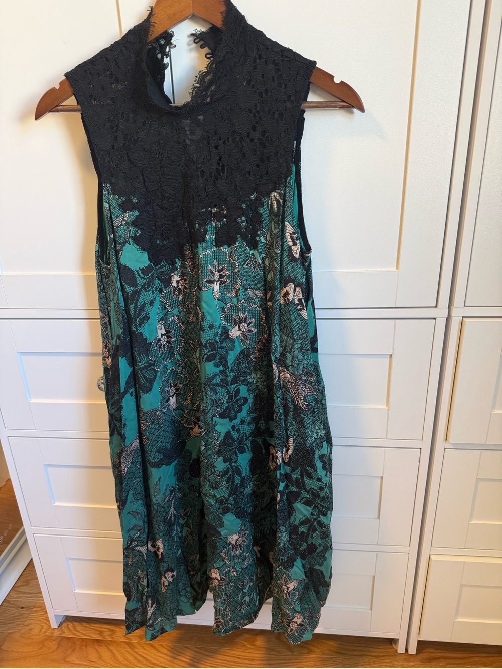 Maeve Black Lace Yoke Teal Floral Dress